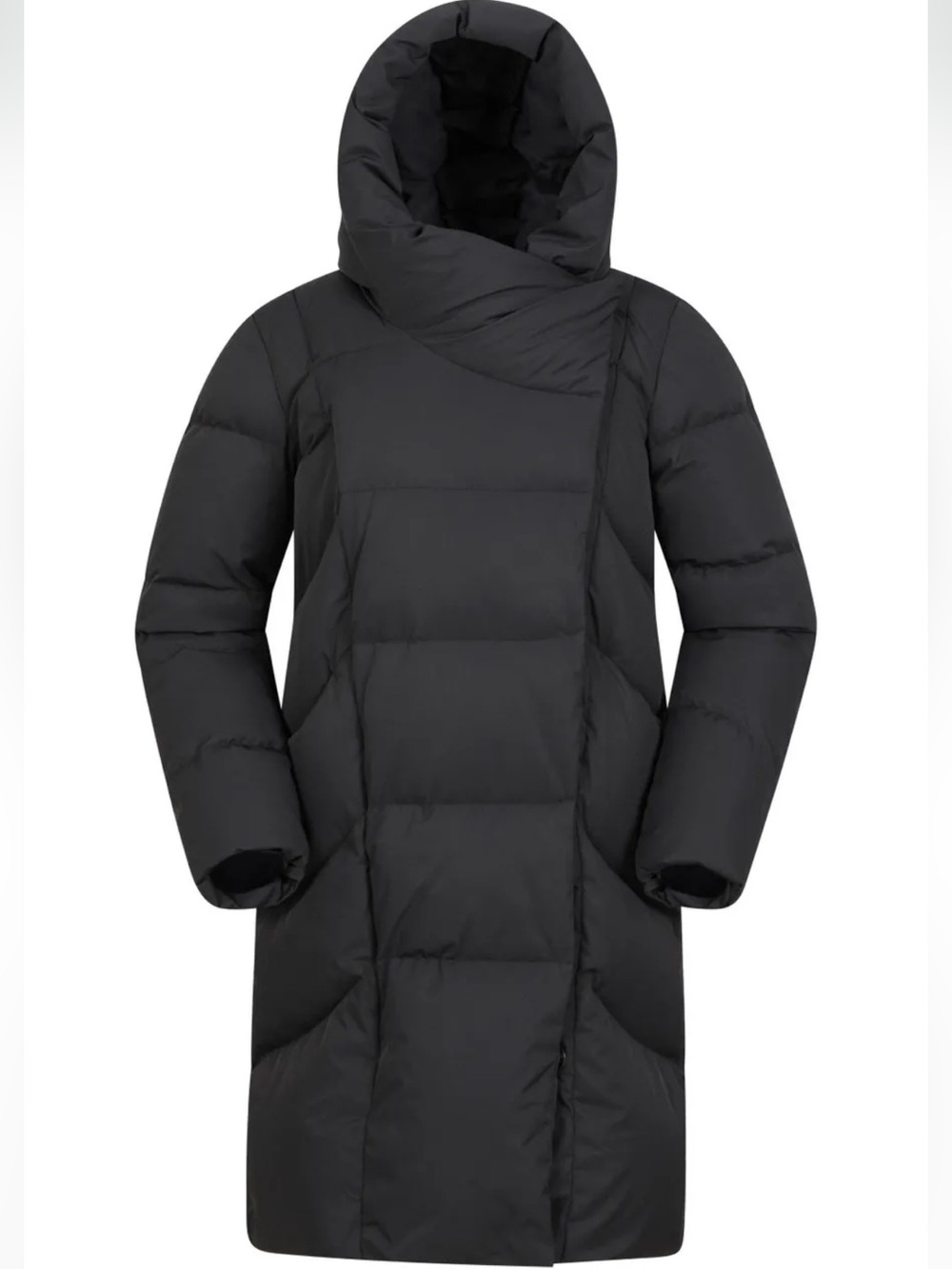 Insulated Women's Black Long Puffer Coat with Wrap Hood